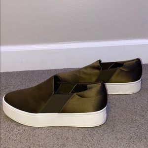 vince olive green satin slip ons